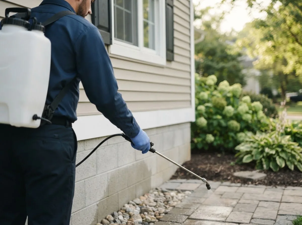 Pest control technician inspecting a home in Branchville, IN